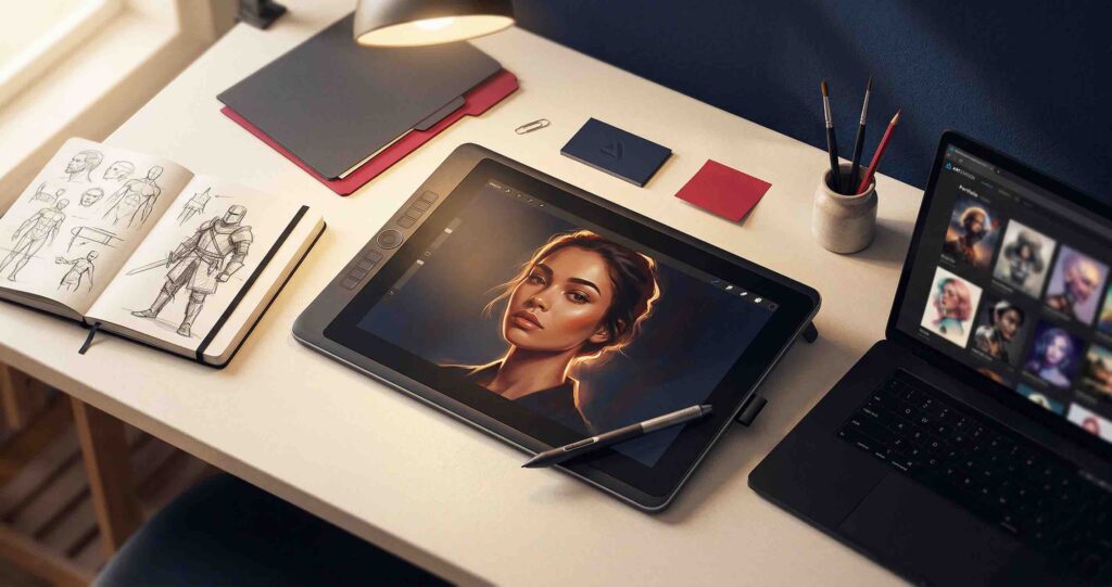 Artist's desk with drawing tablet showing a digital portrait — how to build a digital art portfolio