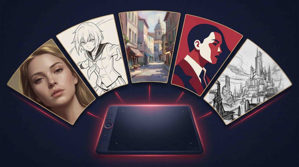 Different digital art styles comparison — realism, anime, concept art, painterly and flat illustration explained for beginners