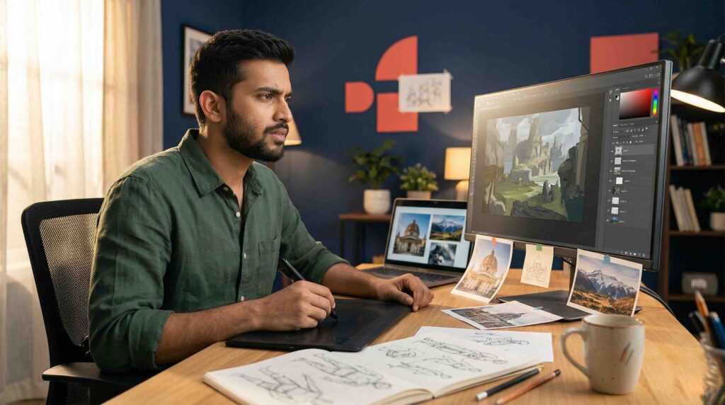 Beginner digital artist working on an unfinished painting on a drawing tablet