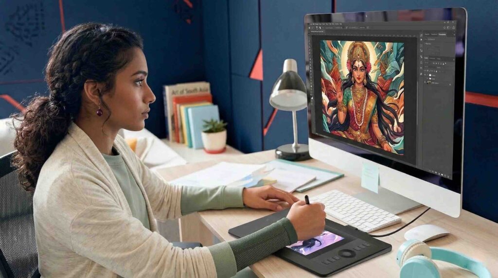 Young Indian woman drawing digital art on a graphics tablet with Photoshop open on monitor