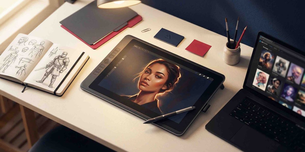 Artist's desk with drawing tablet showing a digital portrait — how to build a digital art portfolio
