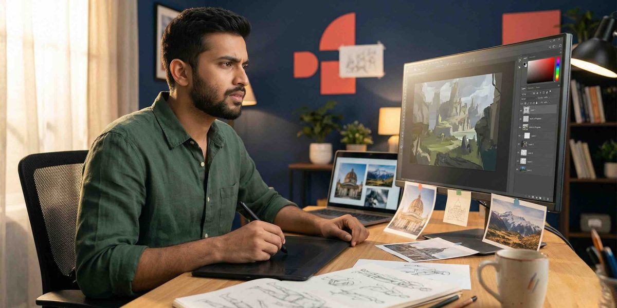 Beginner digital artist working on an unfinished painting on a drawing tablet